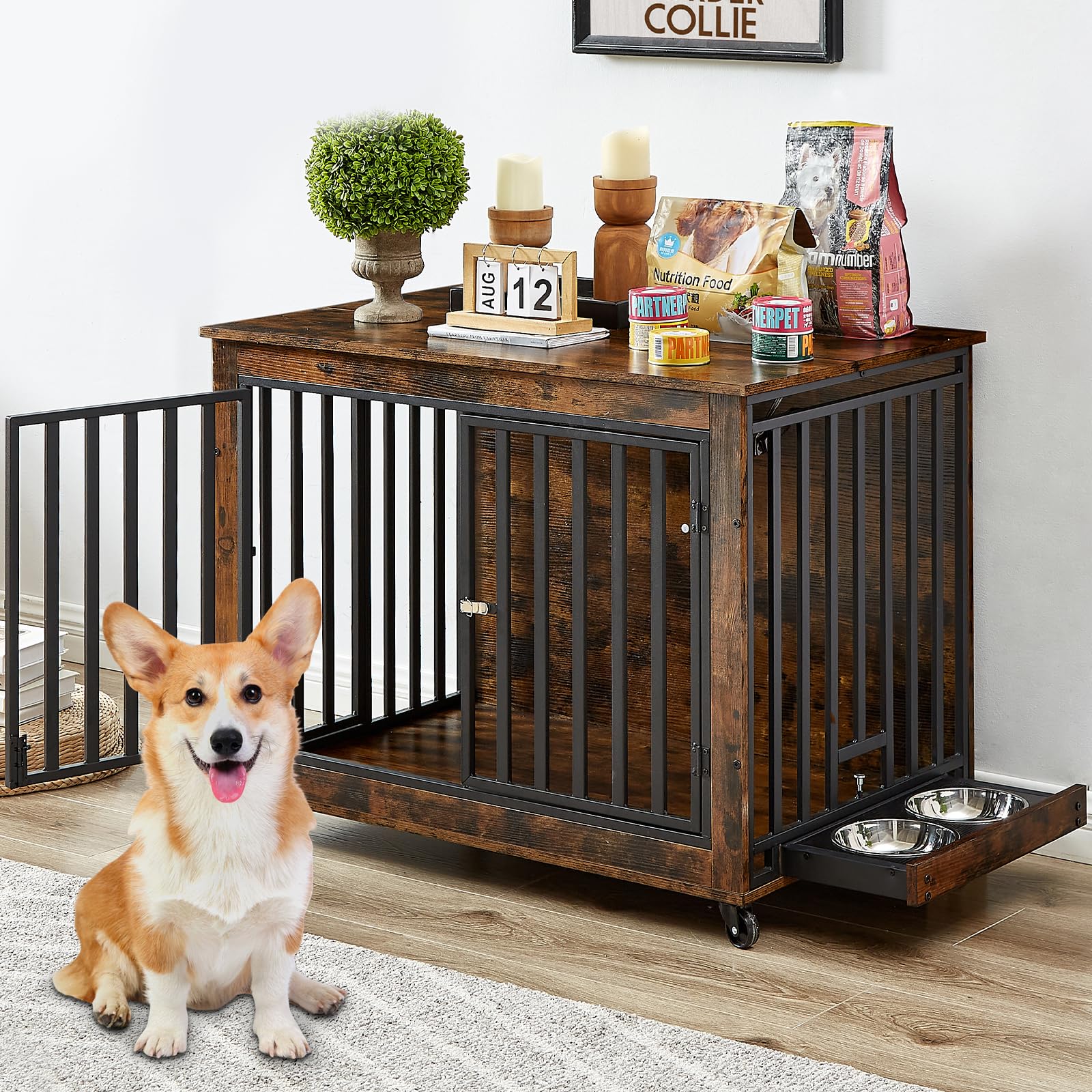 Large Dog Crate Furniture — With Bowls, Top Opening & Wheels