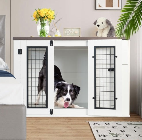 Wooden Furniture-Style Dog Crate — Double Door with Side Cabinet