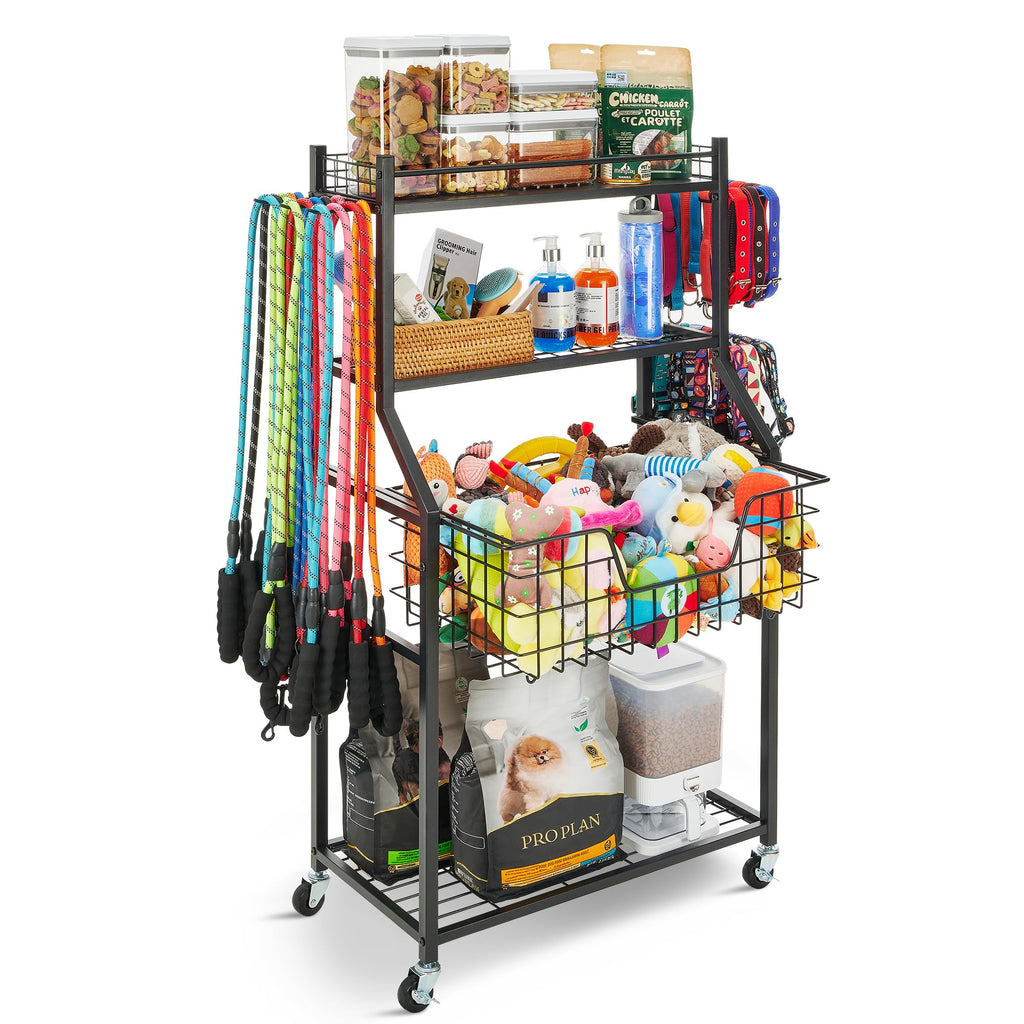 Rolling Dog Toy Storage Bin — Organizer with Hooks & Wheels