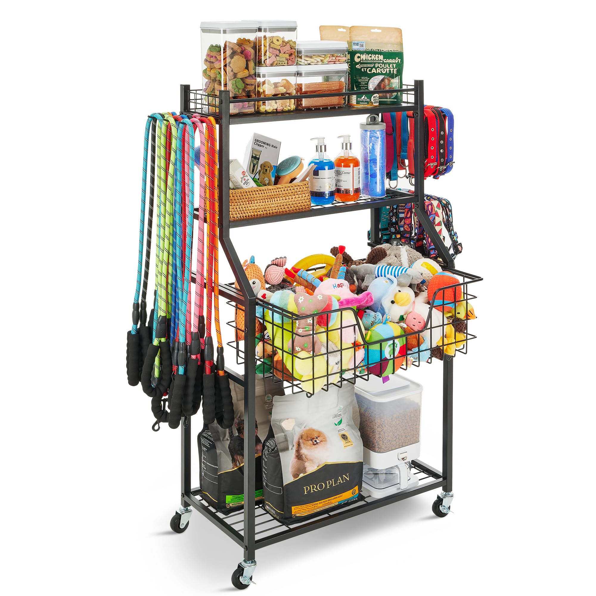 Rolling Dog Toy Storage Bin — Organizer with Hooks & Wheels